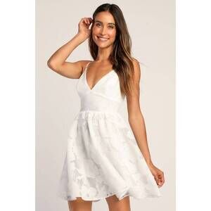 Lulus Floral Feelings White Floral Jacquard Babydoll Mini Dress - Size M